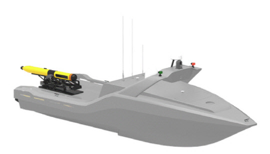 합성개구소나(SAS) AUV가 탑재된 무인수상정 모습. 한화시스템 제공